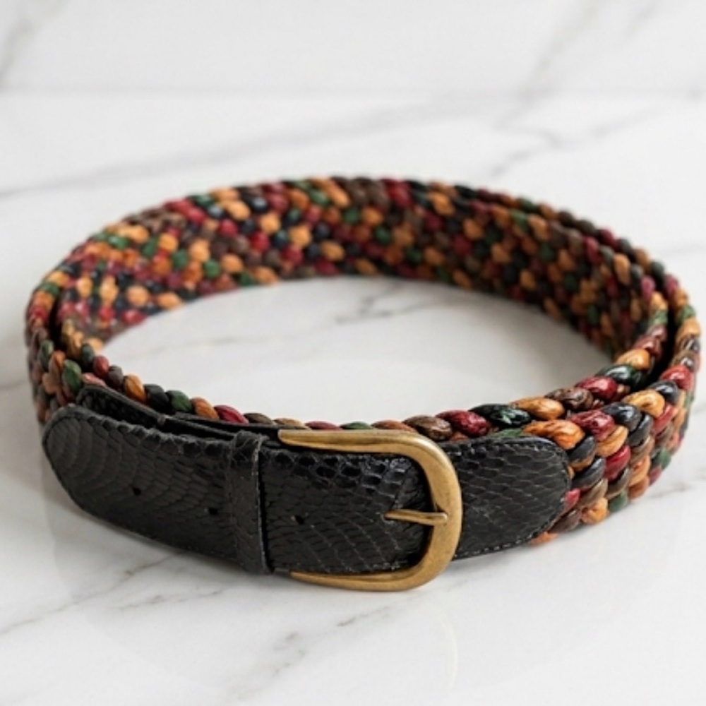 Wide braided leather Vintage belt multi color snake skin one of a kind belt  S